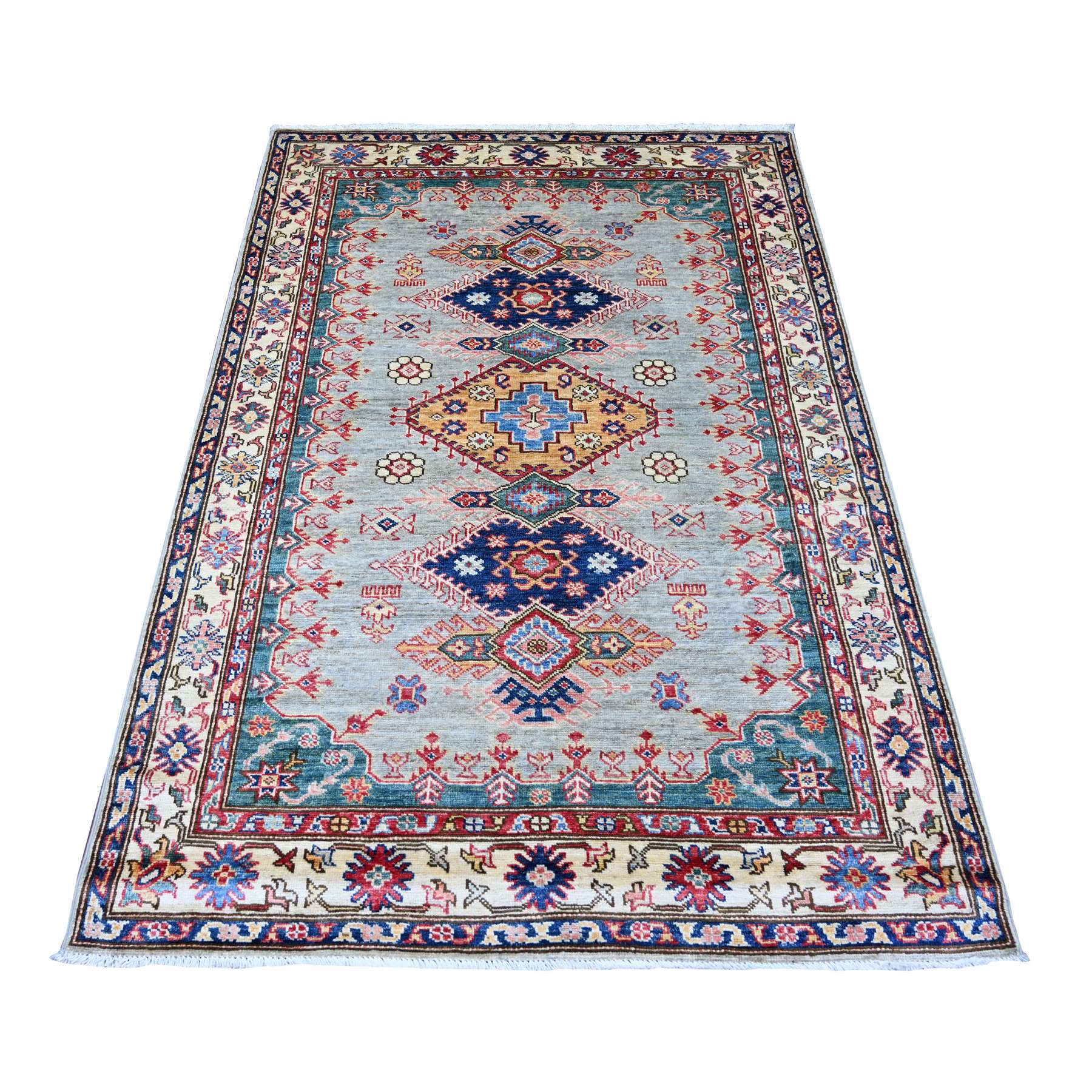 Cloud Gray, Afghan Super Kazak with Geometric Medallions Design, Hand Knotted, Soft and Shiny Wool, Vegetable Dyes, Oriental Rug